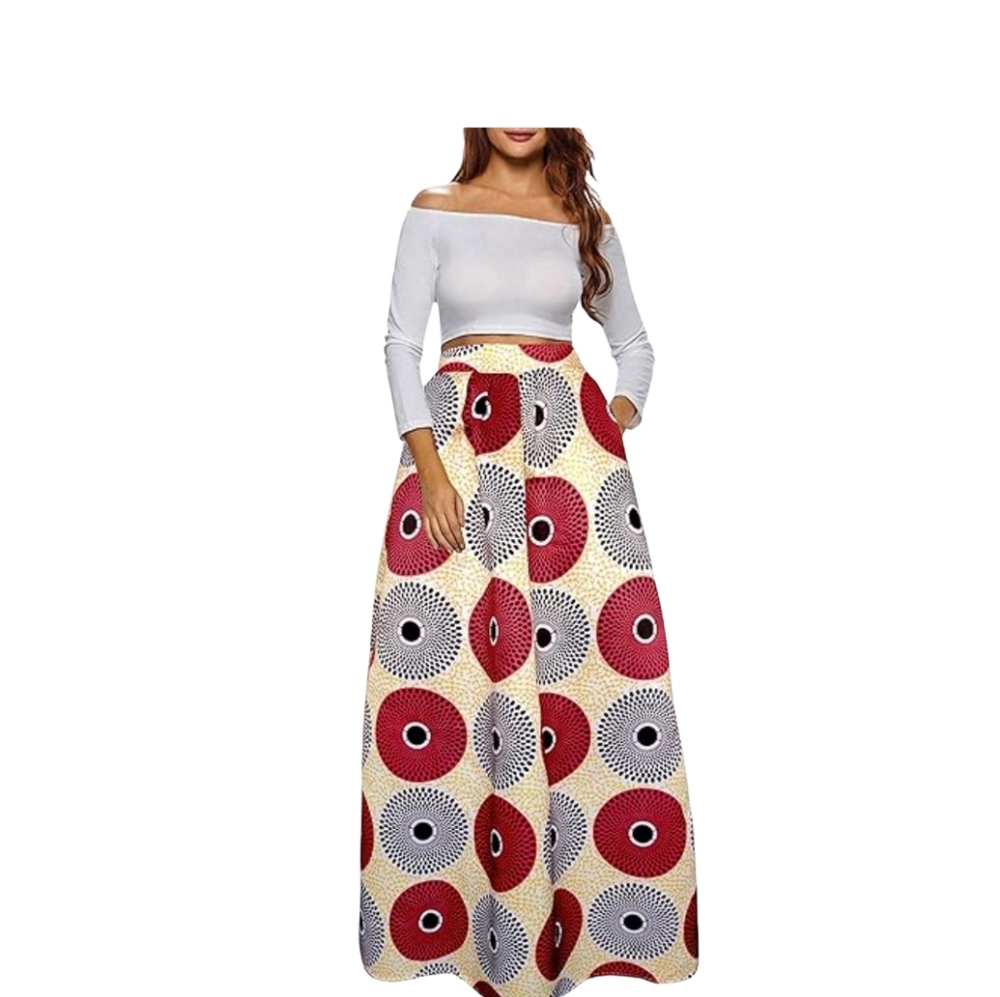 Afibi Women African Printed Maxi Skirt with Pockets